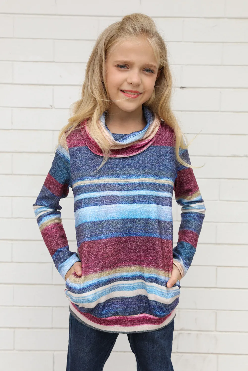 Girls Long Sleeve Mock Neck Striped Top