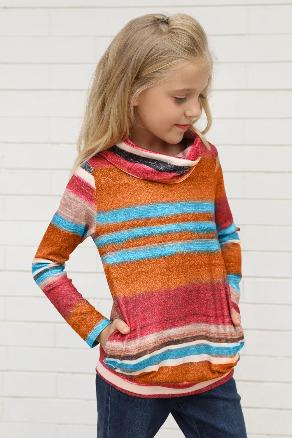Girls Long Sleeve Mock Neck Striped Top