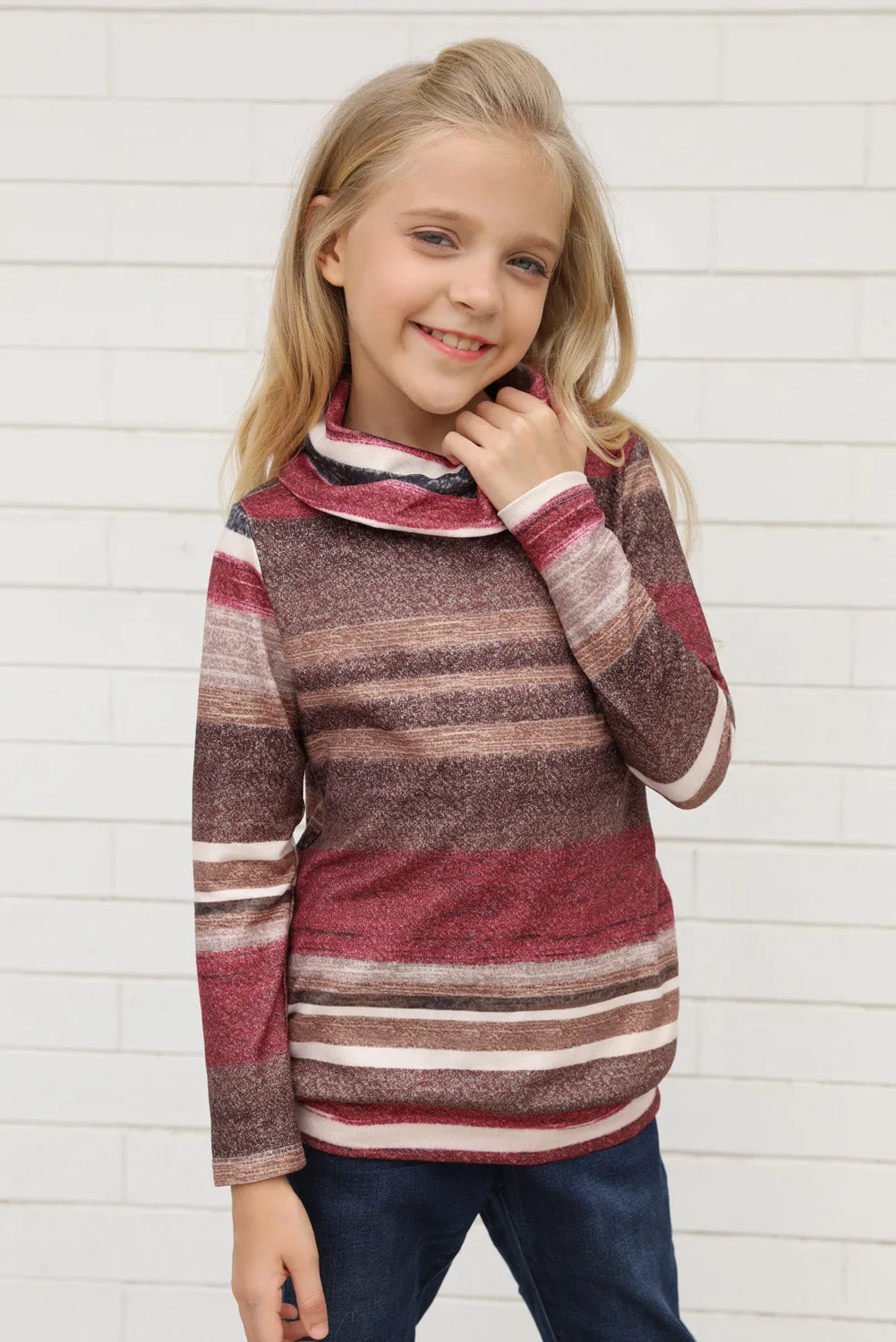 Girls Long Sleeve Mock Neck Striped Top