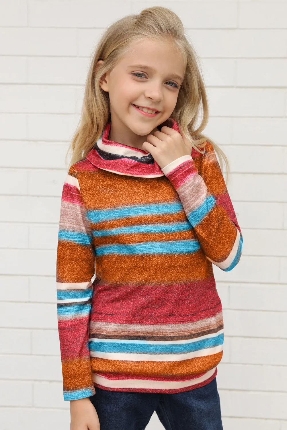 Girls Long Sleeve Mock Neck Striped Top