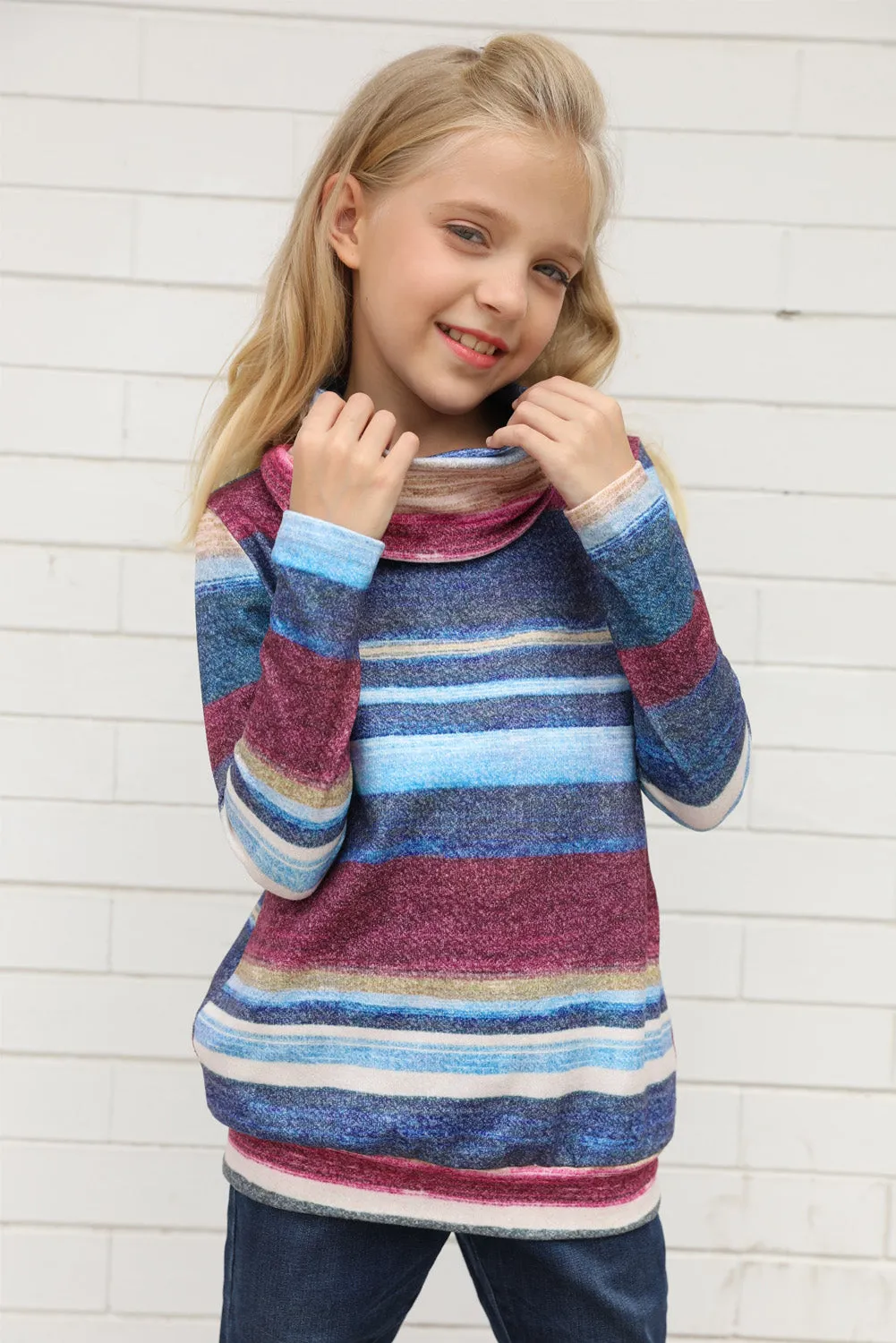 Girls Long Sleeve Mock Neck Striped Top
