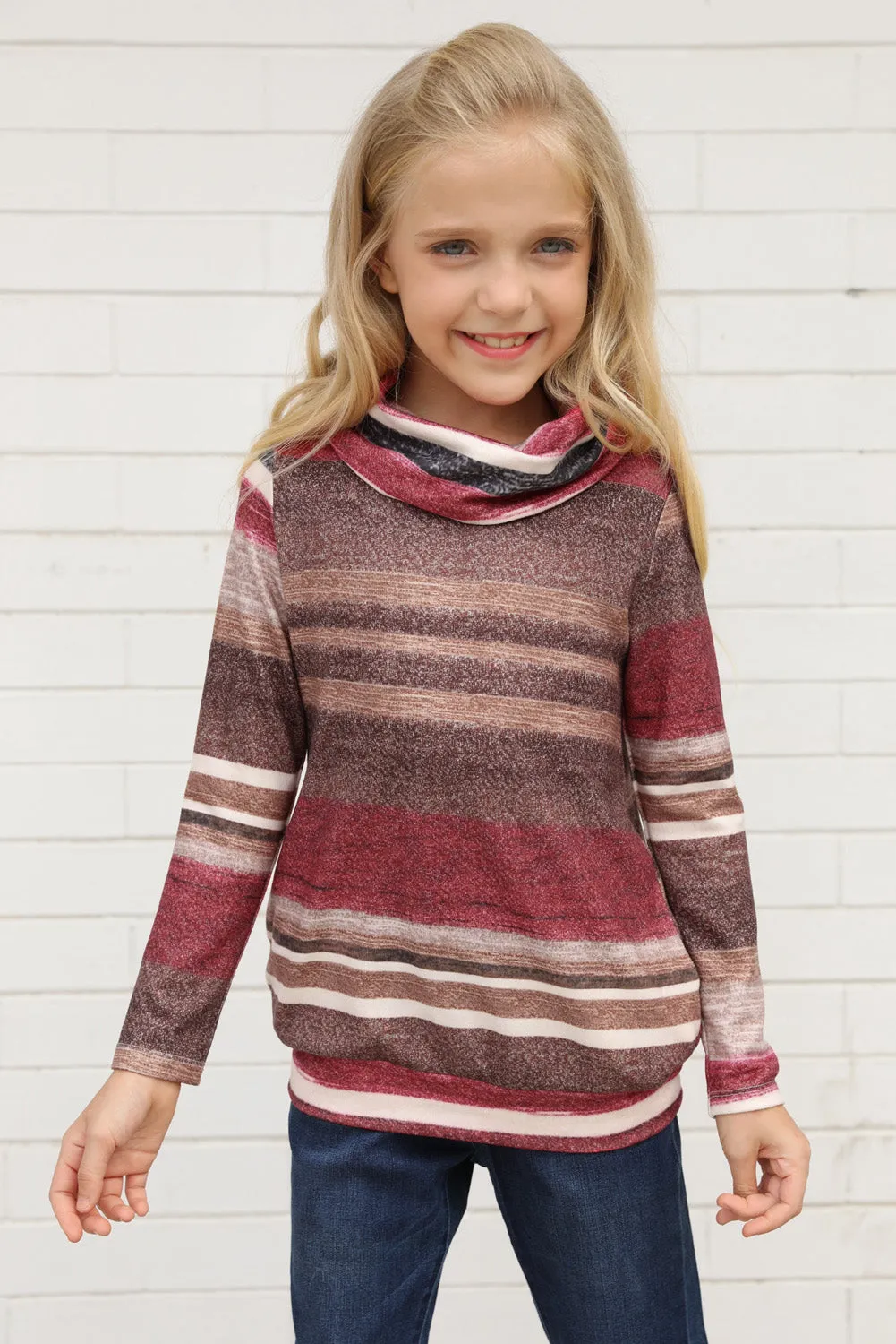 Girls Long Sleeve Mock Neck Striped Top