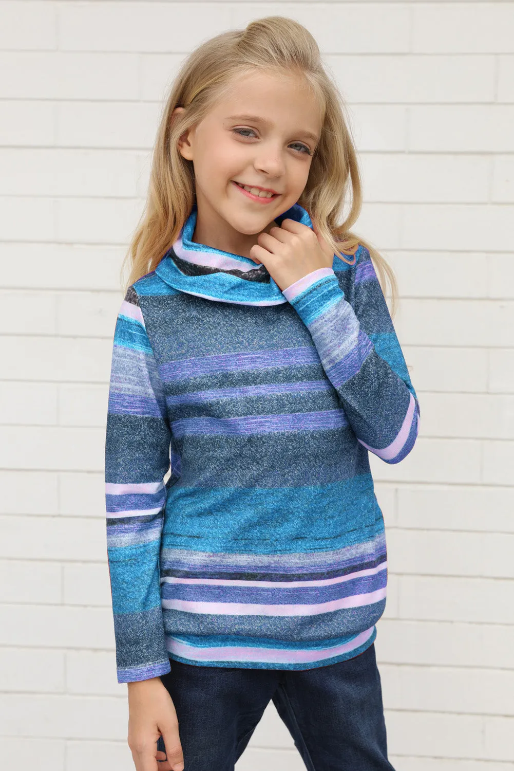 Girls Long Sleeve Mock Neck Striped Top