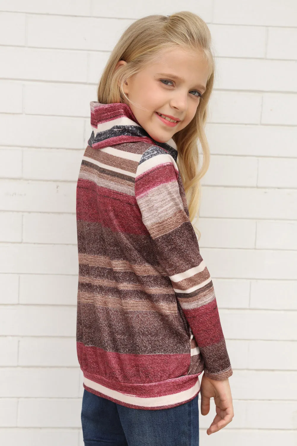 Girls Long Sleeve Mock Neck Striped Top