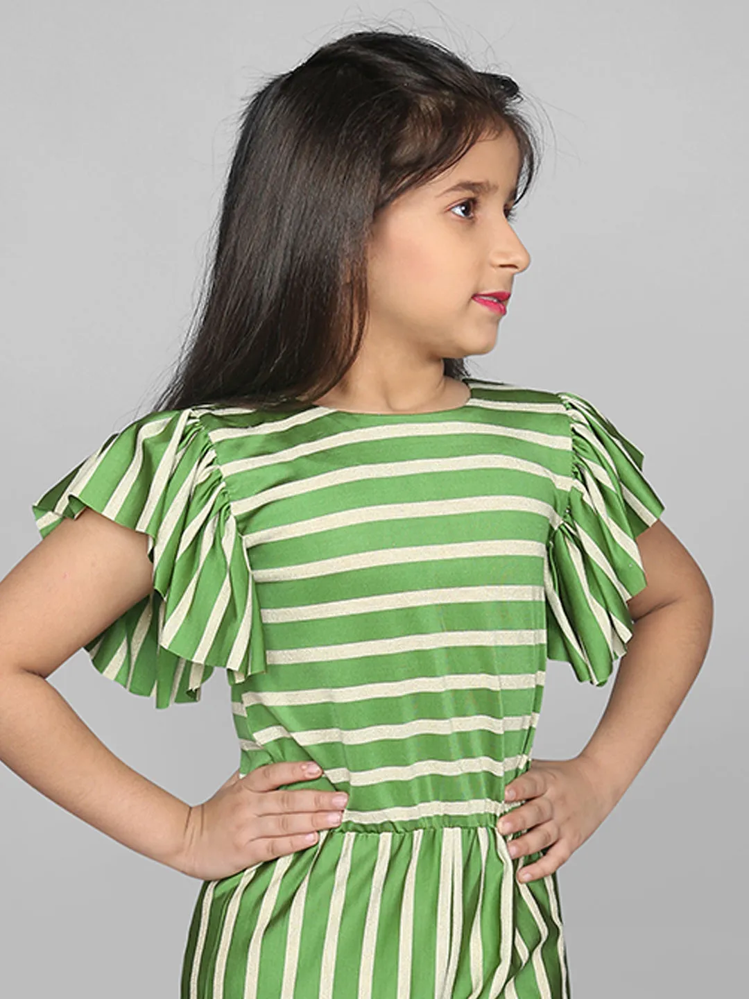 Green White Stripes Frill Short Sleeve Girls Jumpsuit