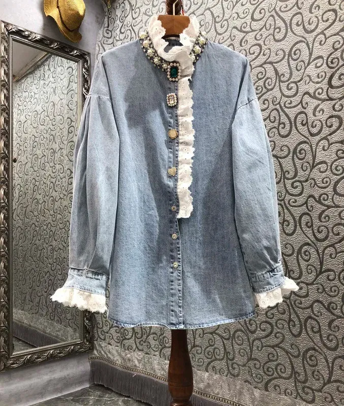 HEYFANCYSTYLE Denim Jewel Embellished Blouse