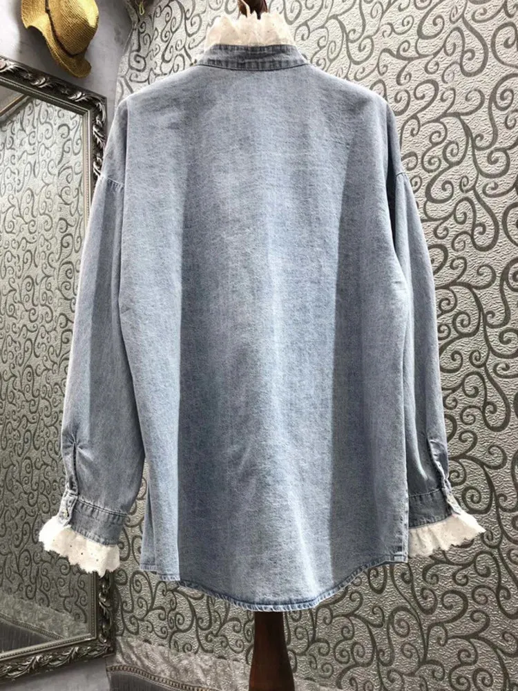 HEYFANCYSTYLE Denim Jewel Embellished Blouse