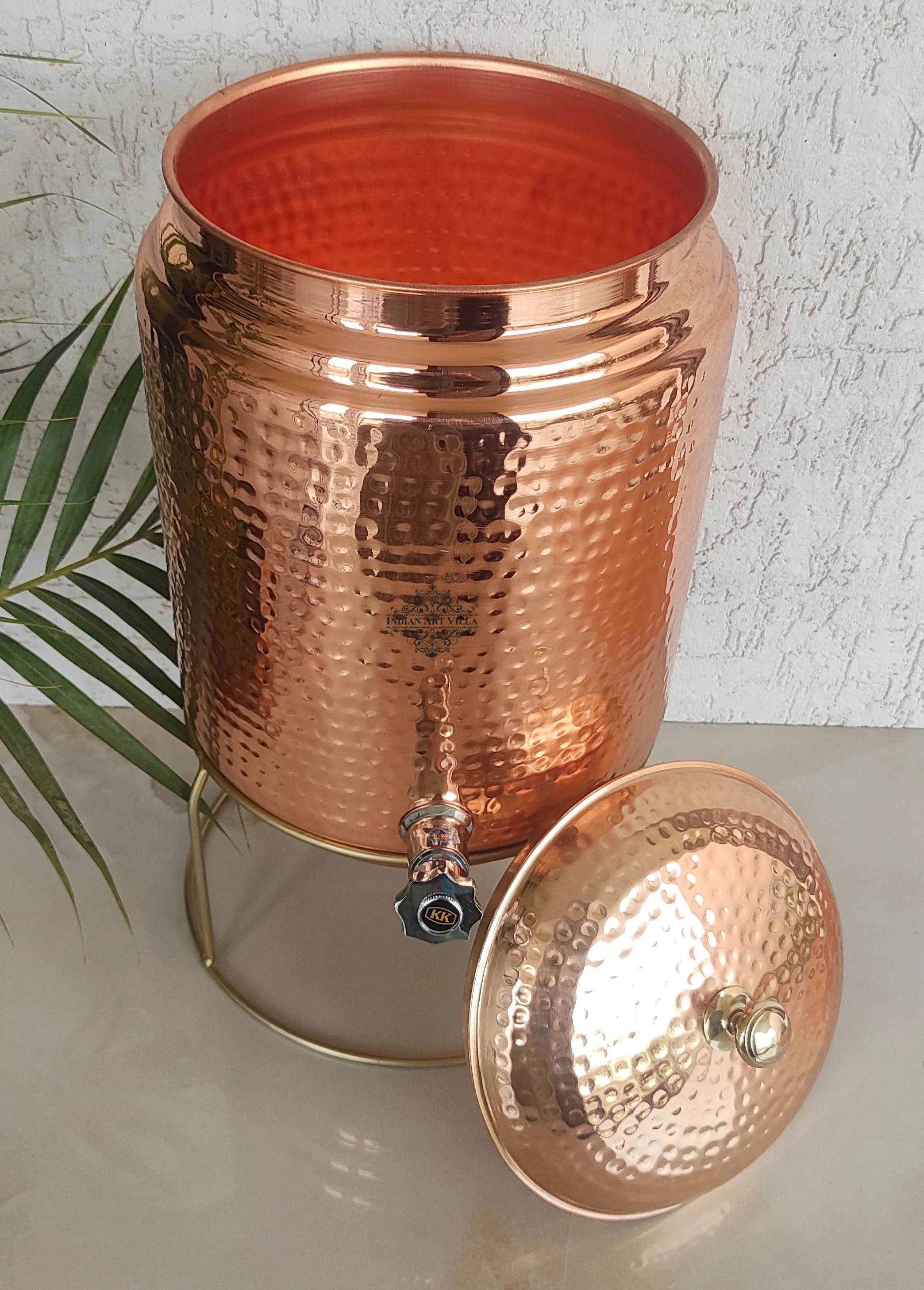 Indian Art  Villa Handcrafted Pure Copper Hammered Design Water Pot with Stand