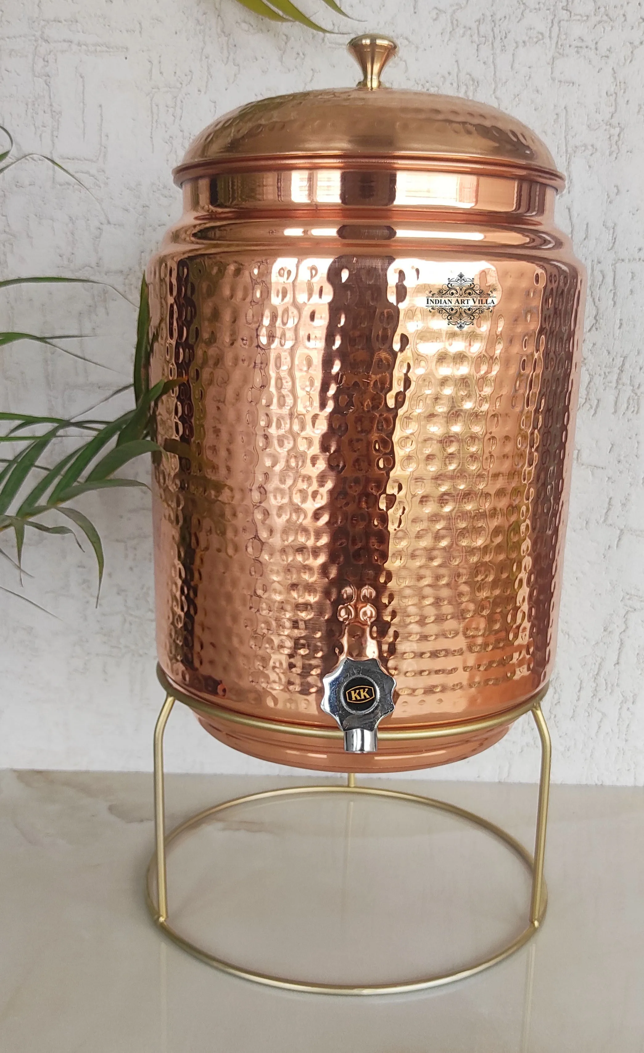 Indian Art  Villa Handcrafted Pure Copper Hammered Design Water Pot with Stand