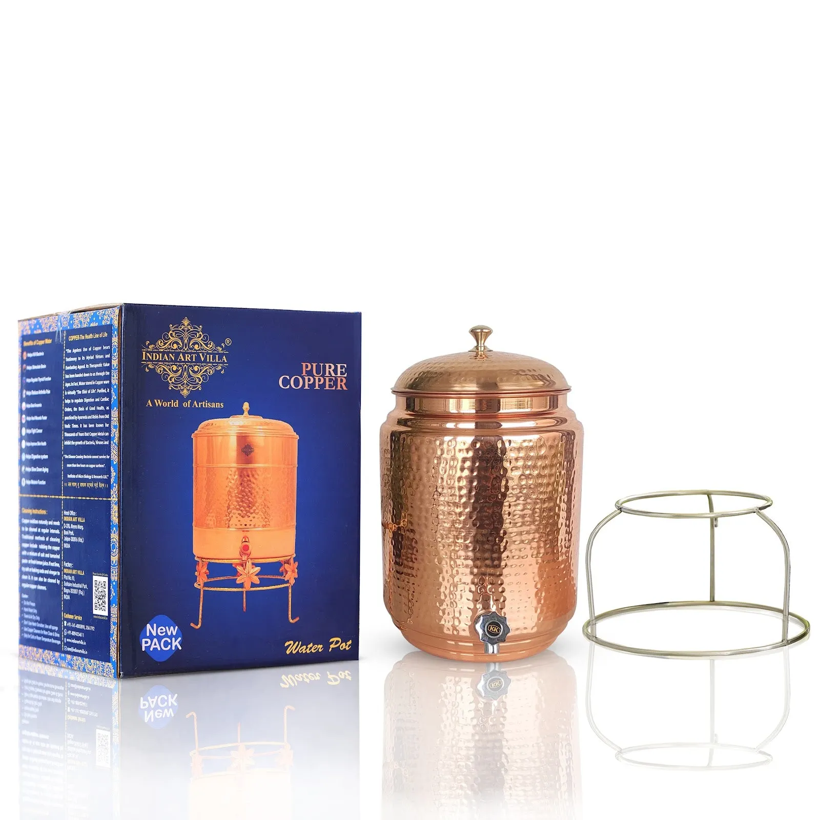 Indian Art  Villa Handcrafted Pure Copper Hammered Design Water Pot with Stand