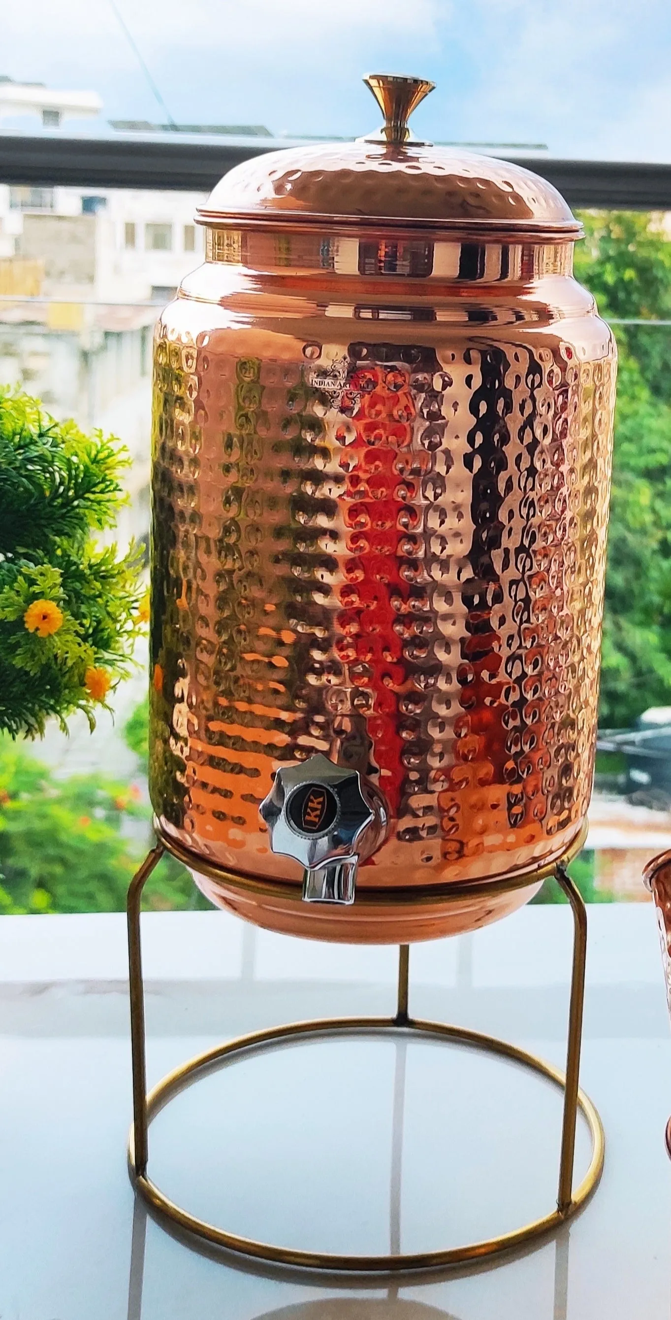 Indian Art  Villa Handcrafted Pure Copper Hammered Design Water Pot with Stand