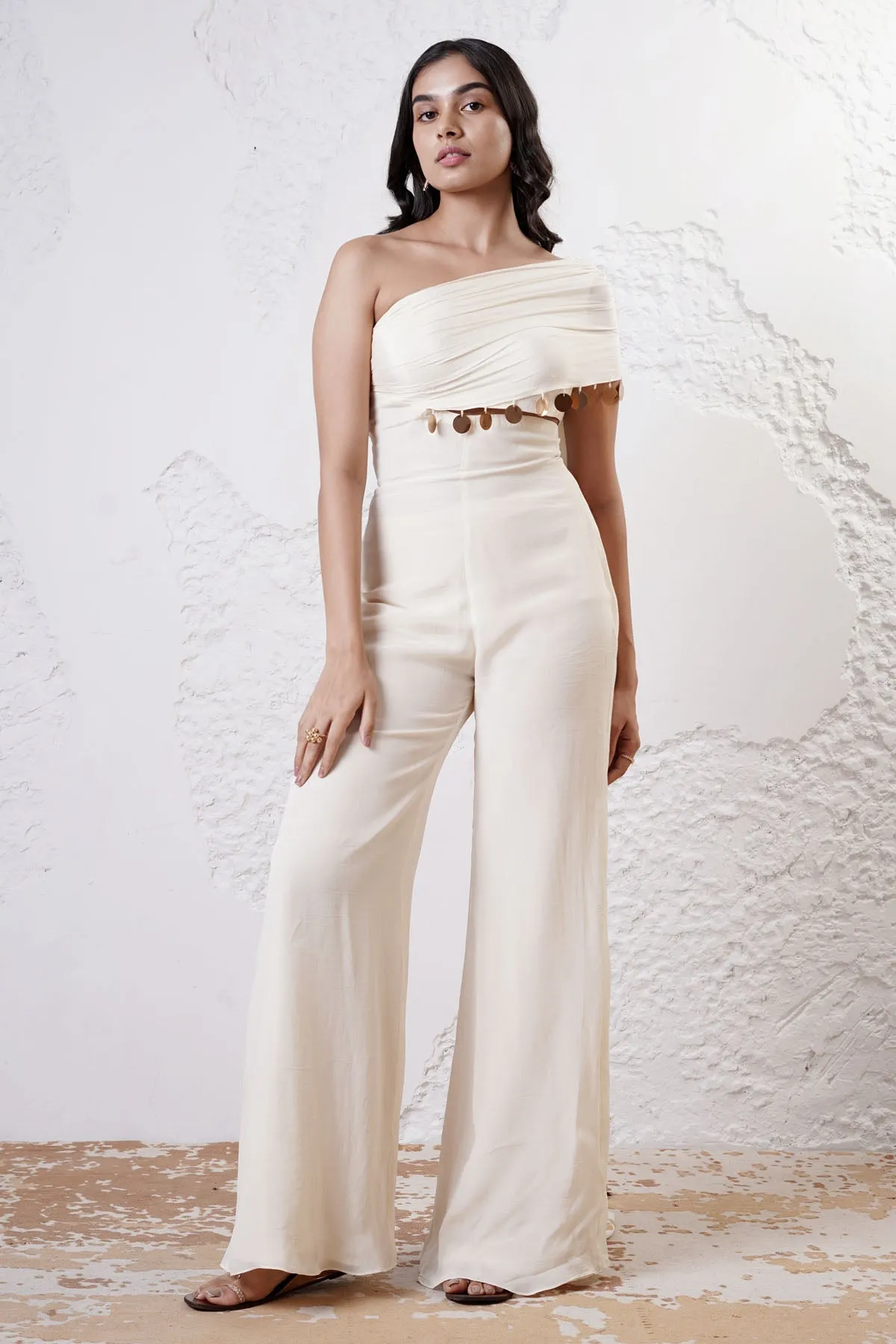 Ivory Foil Print Draped Jumpsuit