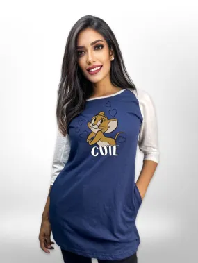 Jerry Fun Printed Long T-shirt Raglan Sleeve Side Pocket For Women's