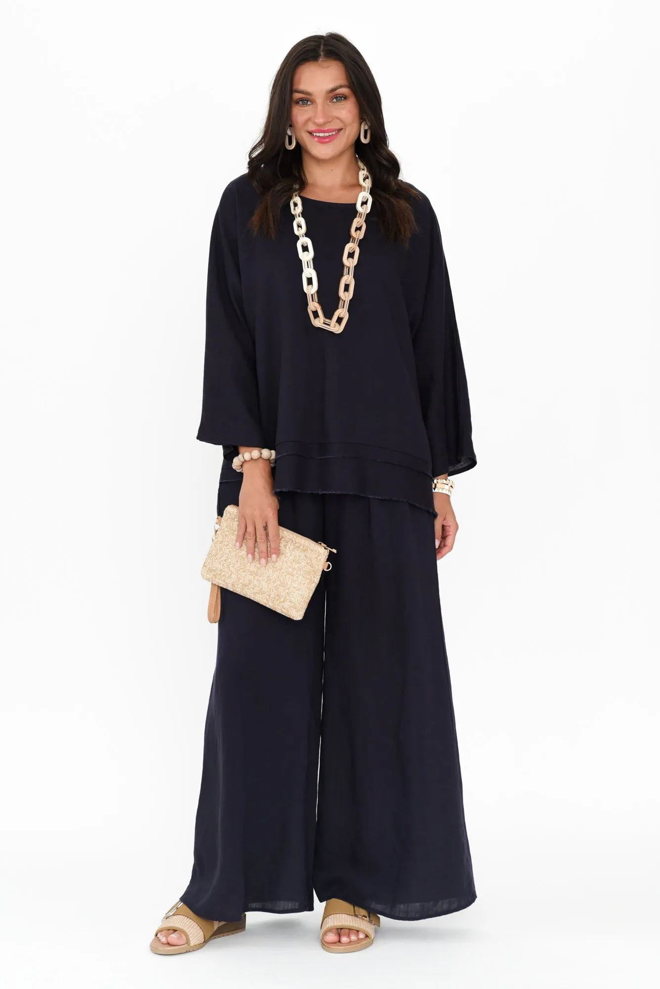 Johanna Navy Linen Blend Top