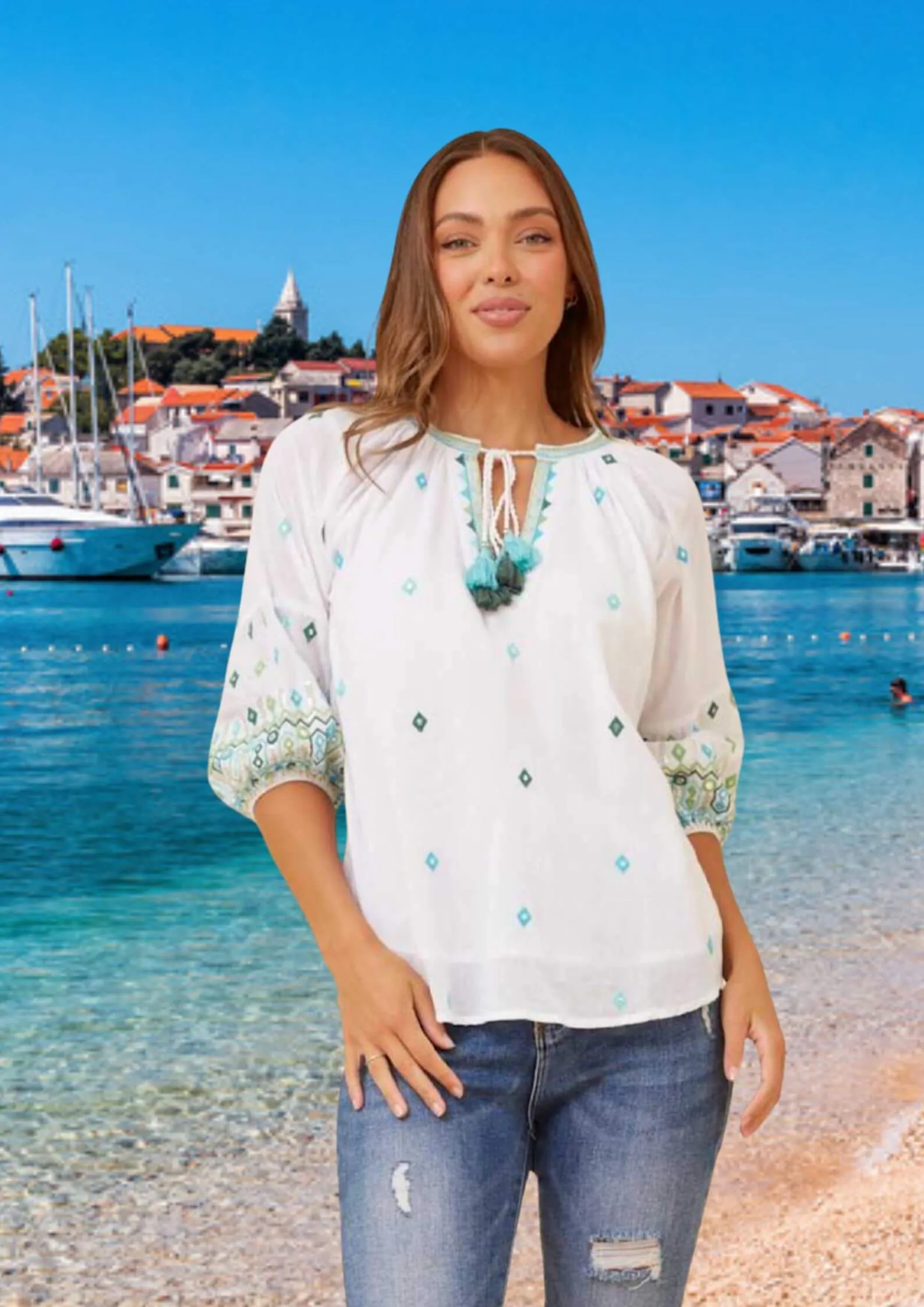 Kendra Half Sleeve Embroidered Top Blouse in White