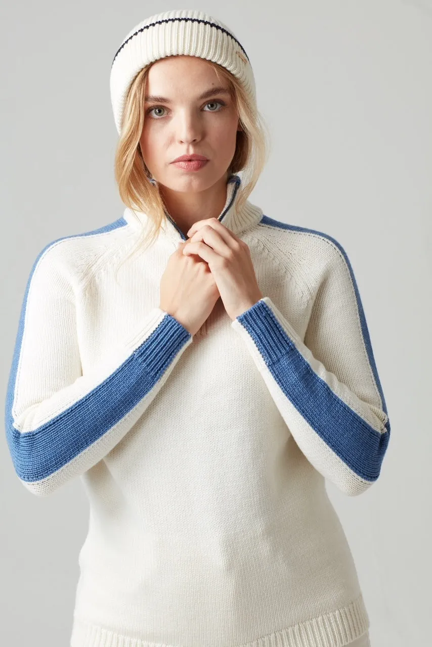 Ladies Birdie Apres jumper in cream & mid blue
