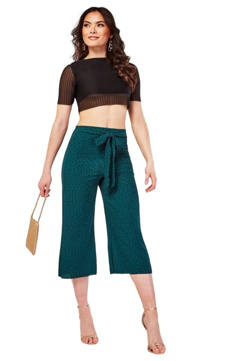 Ladies Green & Black Polka Dot Printed Wide Leg Crop Trousers
