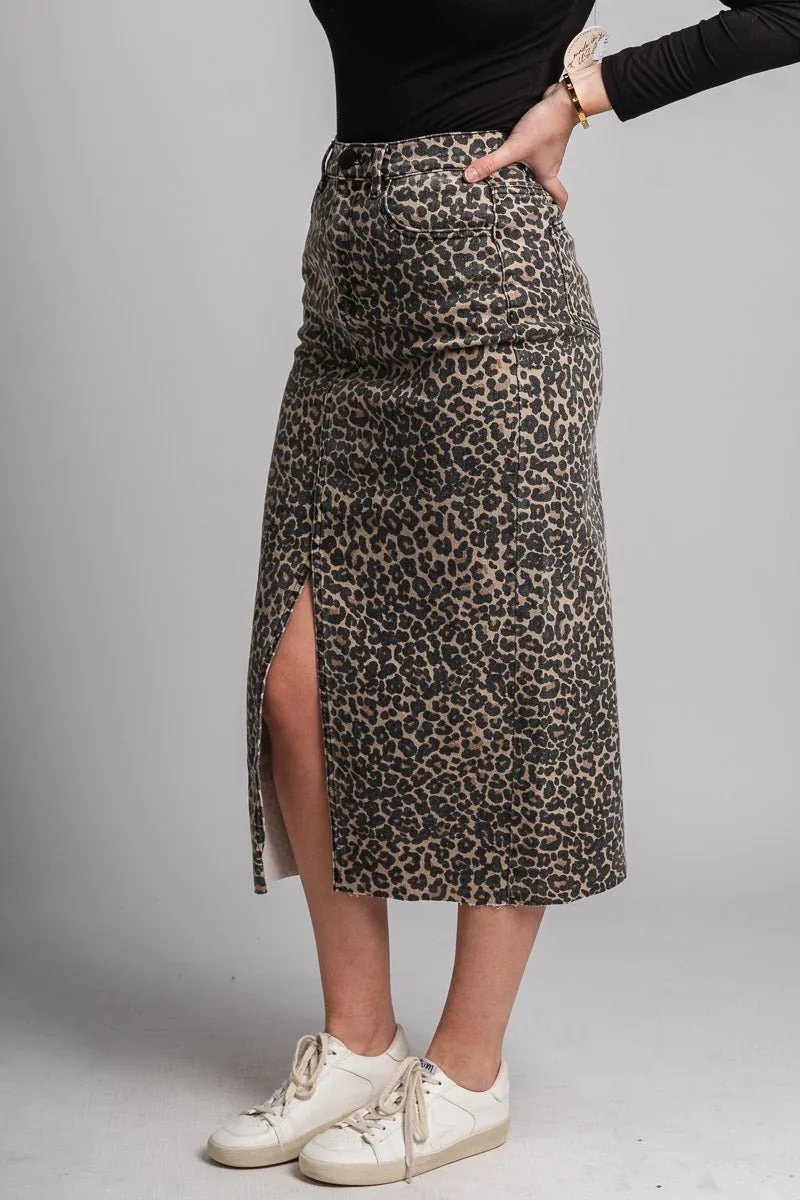 Leopard denim midi skirt brown