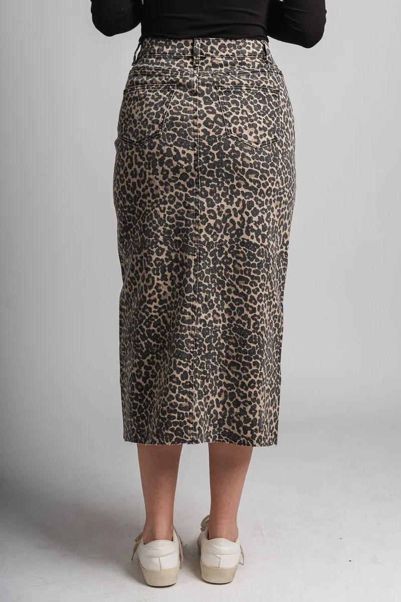 Leopard denim midi skirt brown