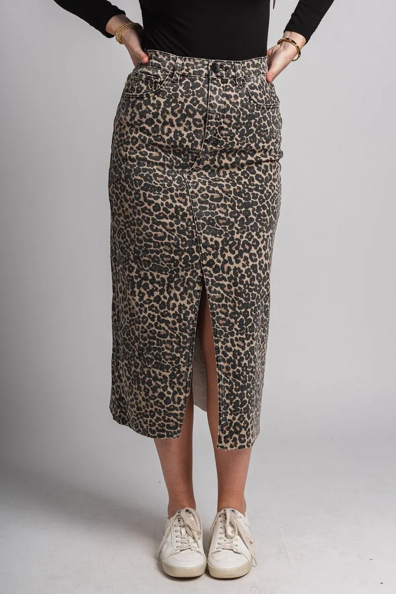 Leopard denim midi skirt brown