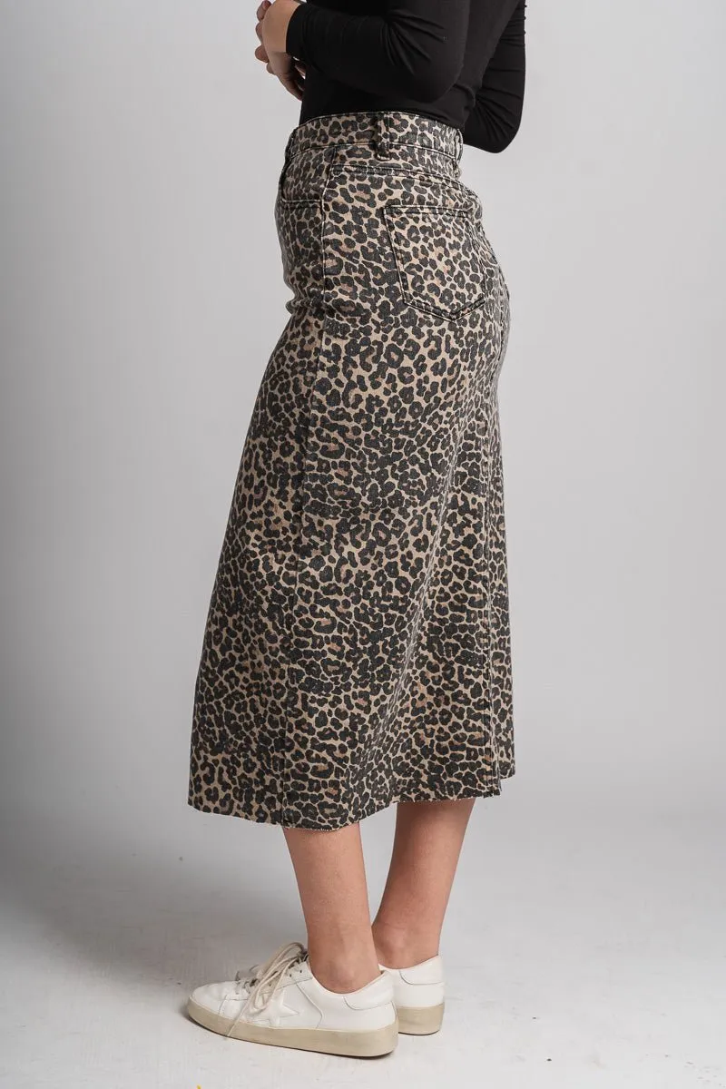 Leopard denim midi skirt brown