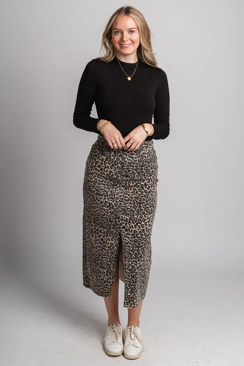 Leopard denim midi skirt brown