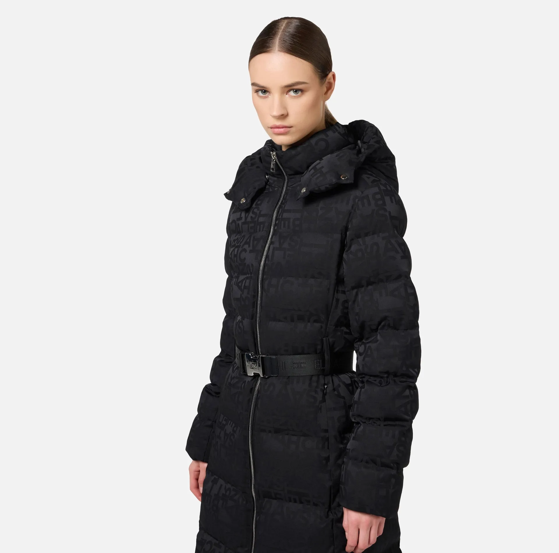 LONG DOWN COAT IN NYLON JACQUARD WITH LETTERING BY ELISABETTA FRANCHI
