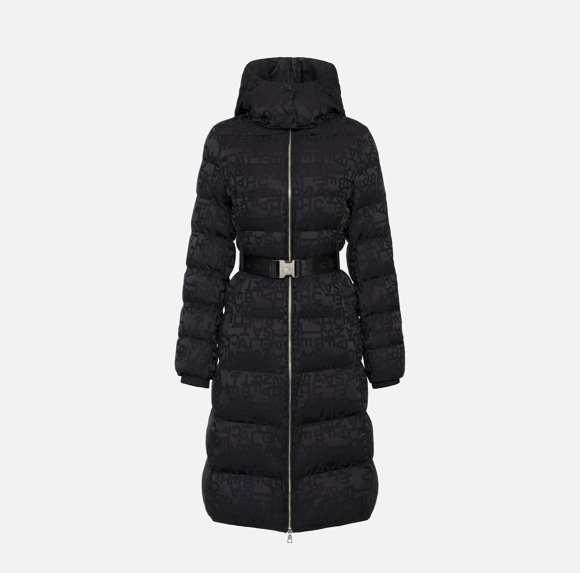 LONG DOWN COAT IN NYLON JACQUARD WITH LETTERING BY ELISABETTA FRANCHI