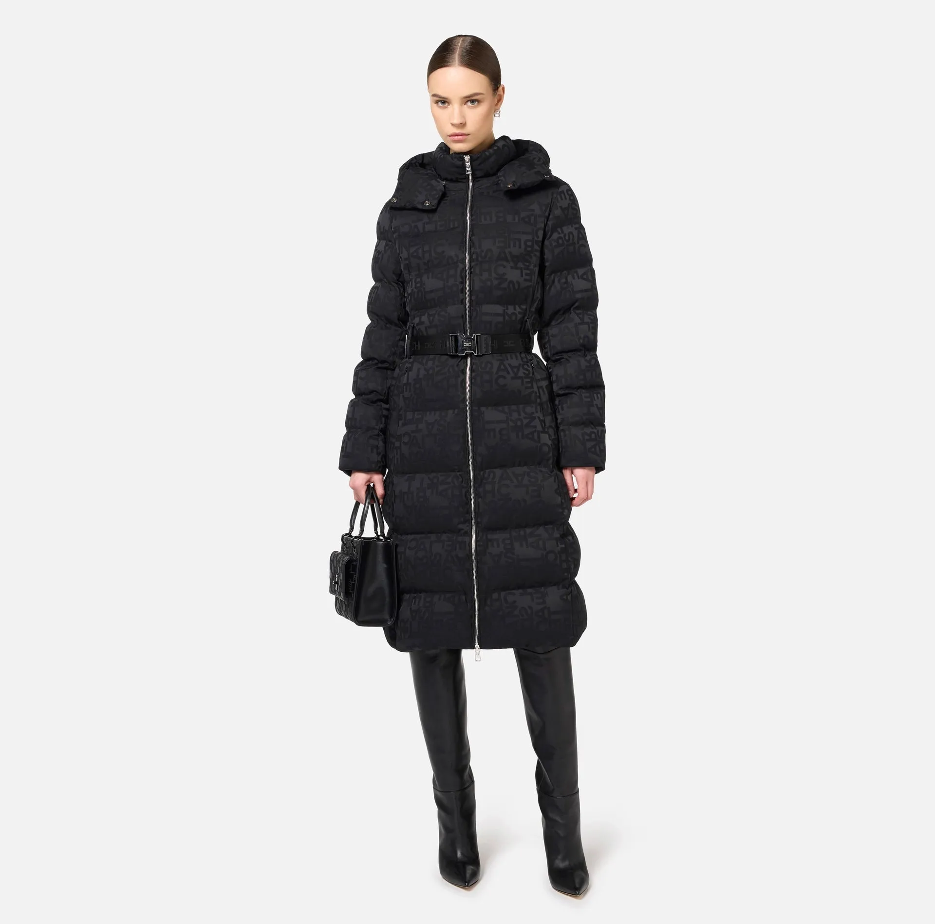LONG DOWN COAT IN NYLON JACQUARD WITH LETTERING BY ELISABETTA FRANCHI