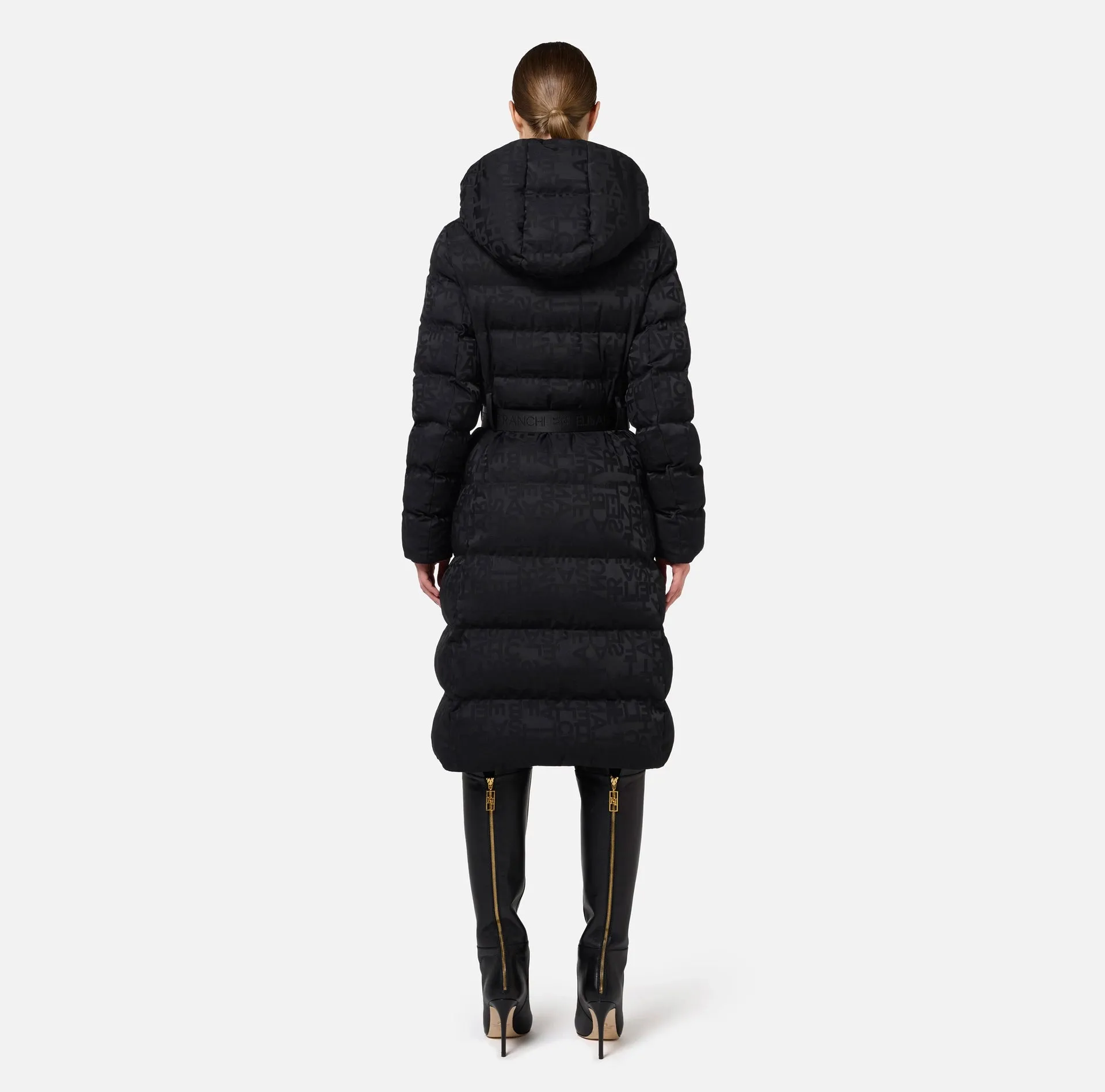 LONG DOWN COAT IN NYLON JACQUARD WITH LETTERING BY ELISABETTA FRANCHI