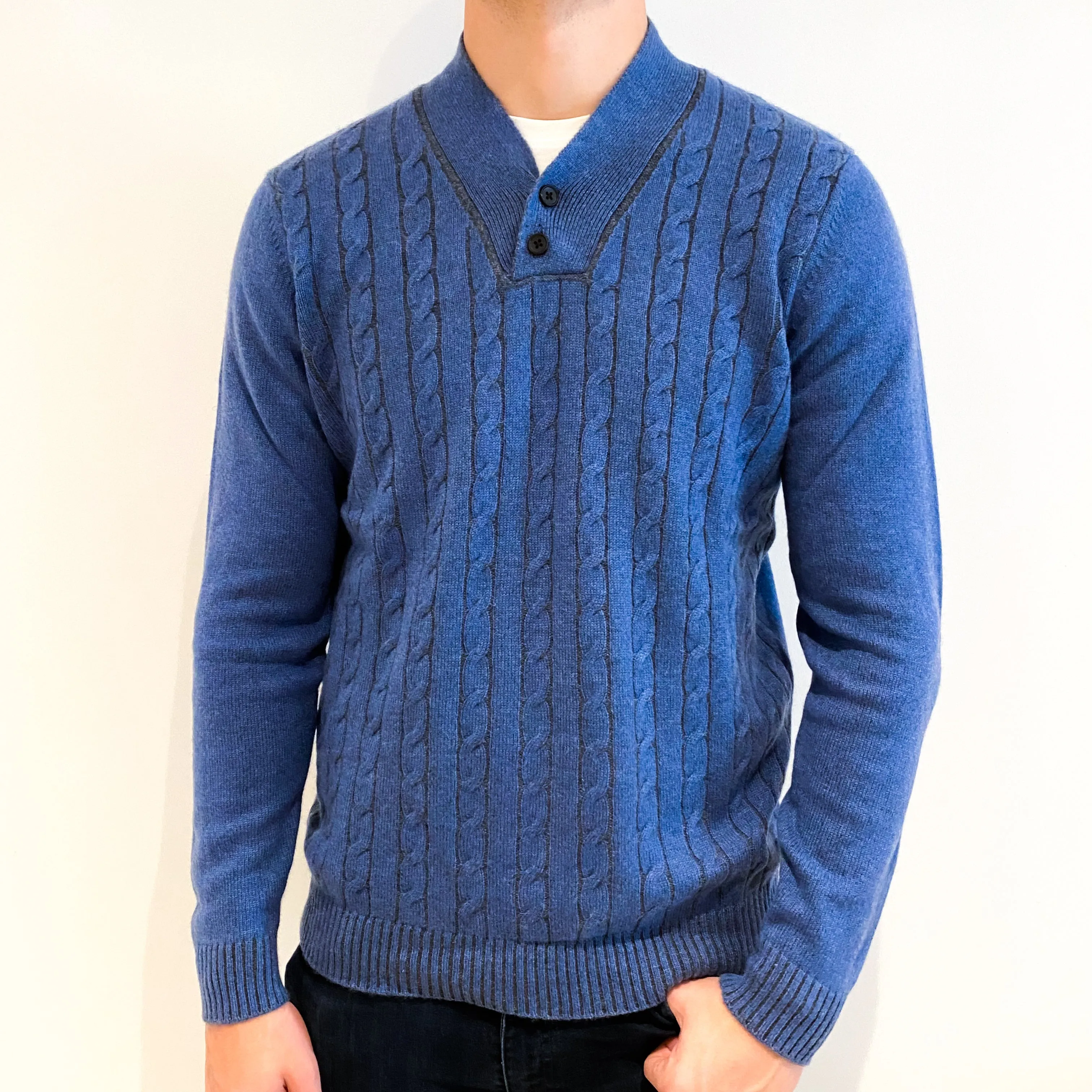 Men's Denim Blue Cable Cashmere Buttoned V-Neck Jumper Extra Large