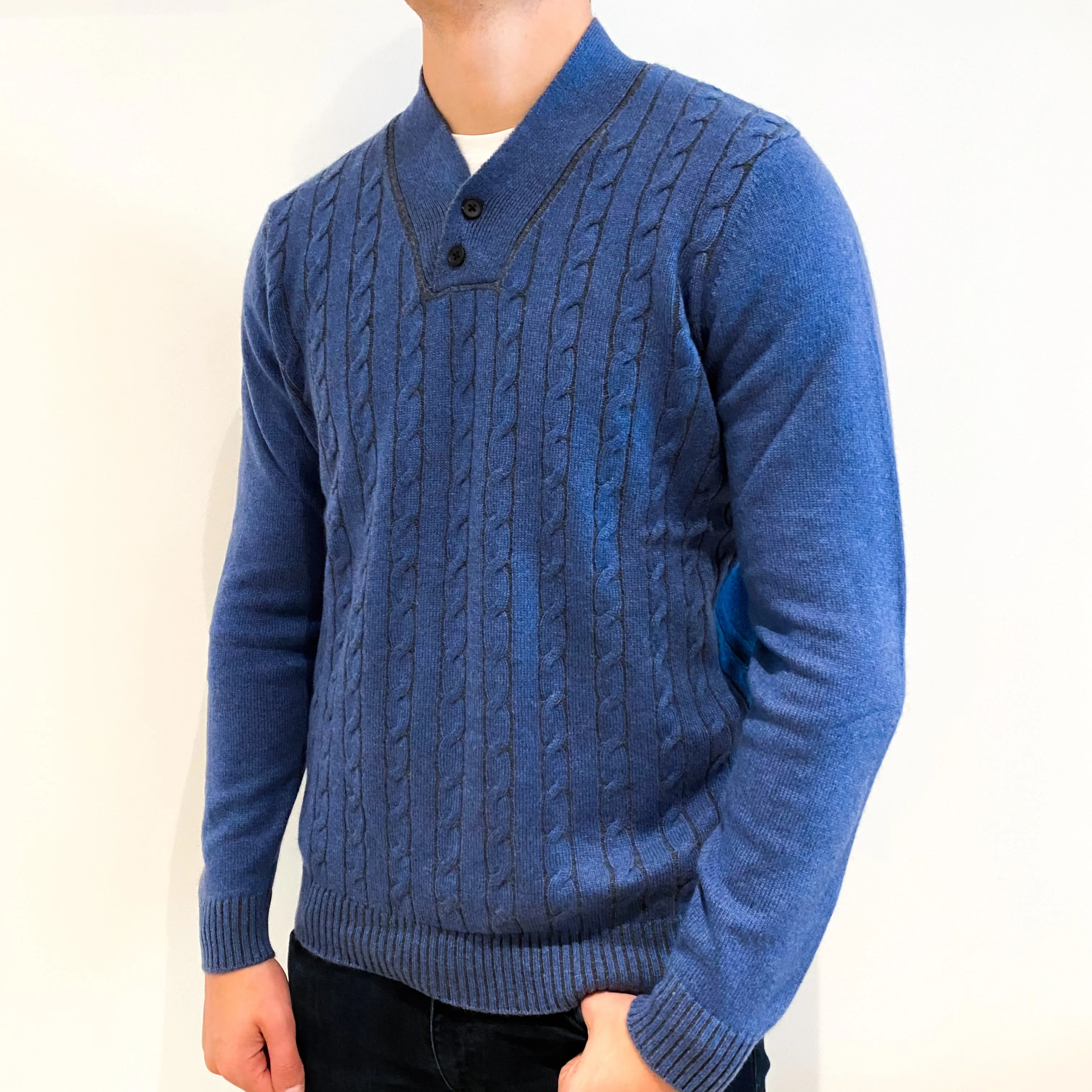 Men's Denim Blue Cable Cashmere Buttoned V-Neck Jumper Extra Large
