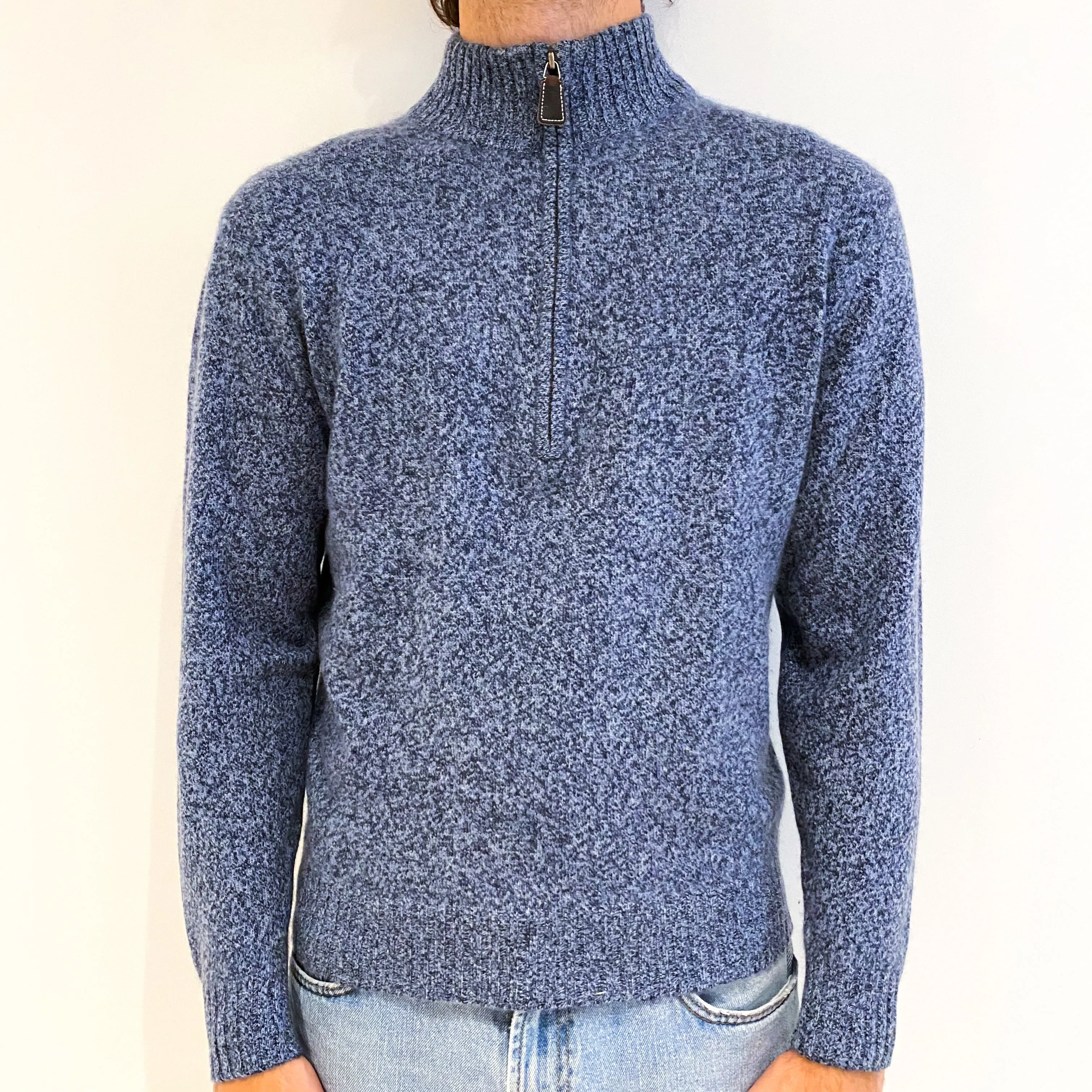 Men's Denim Blue Marl Cashmere 1/4 Zip Jumper Medium