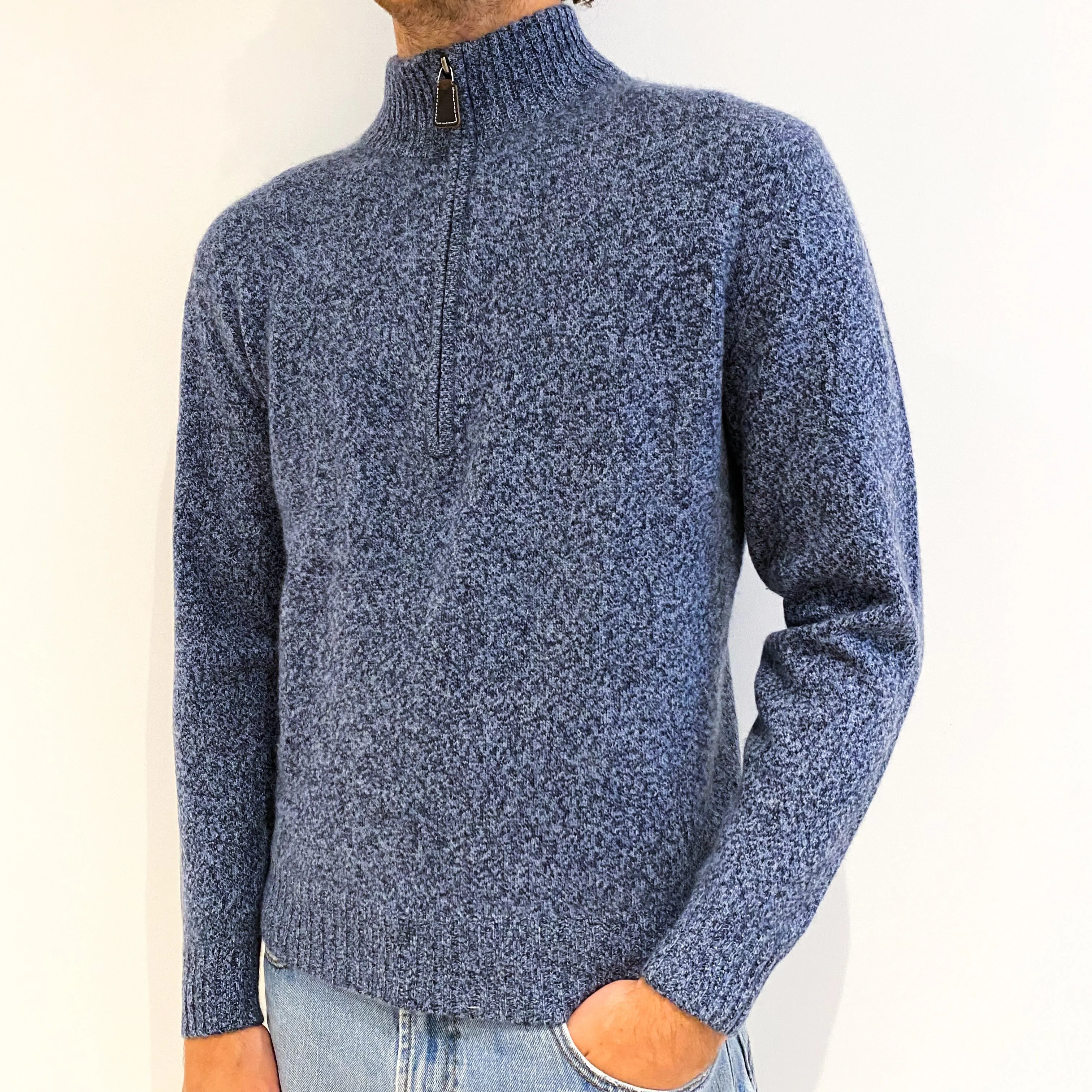 Men's Denim Blue Marl Cashmere 1/4 Zip Jumper Medium