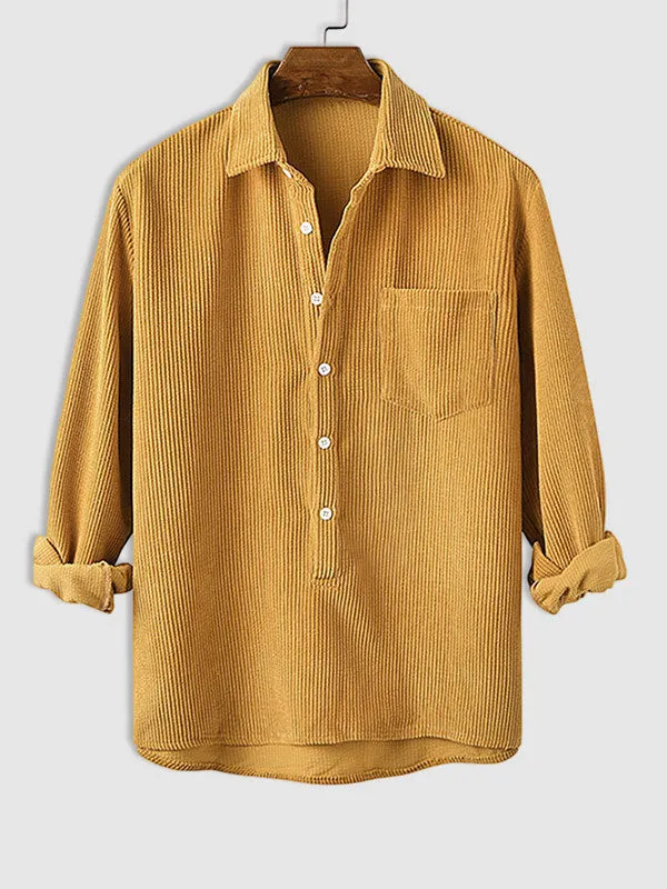 Men's Half Button Corduroy Long Sleeve Shirt-Light Blue