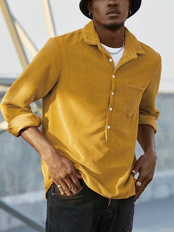 Men's Half Button Corduroy Long Sleeve Shirt-Light Blue