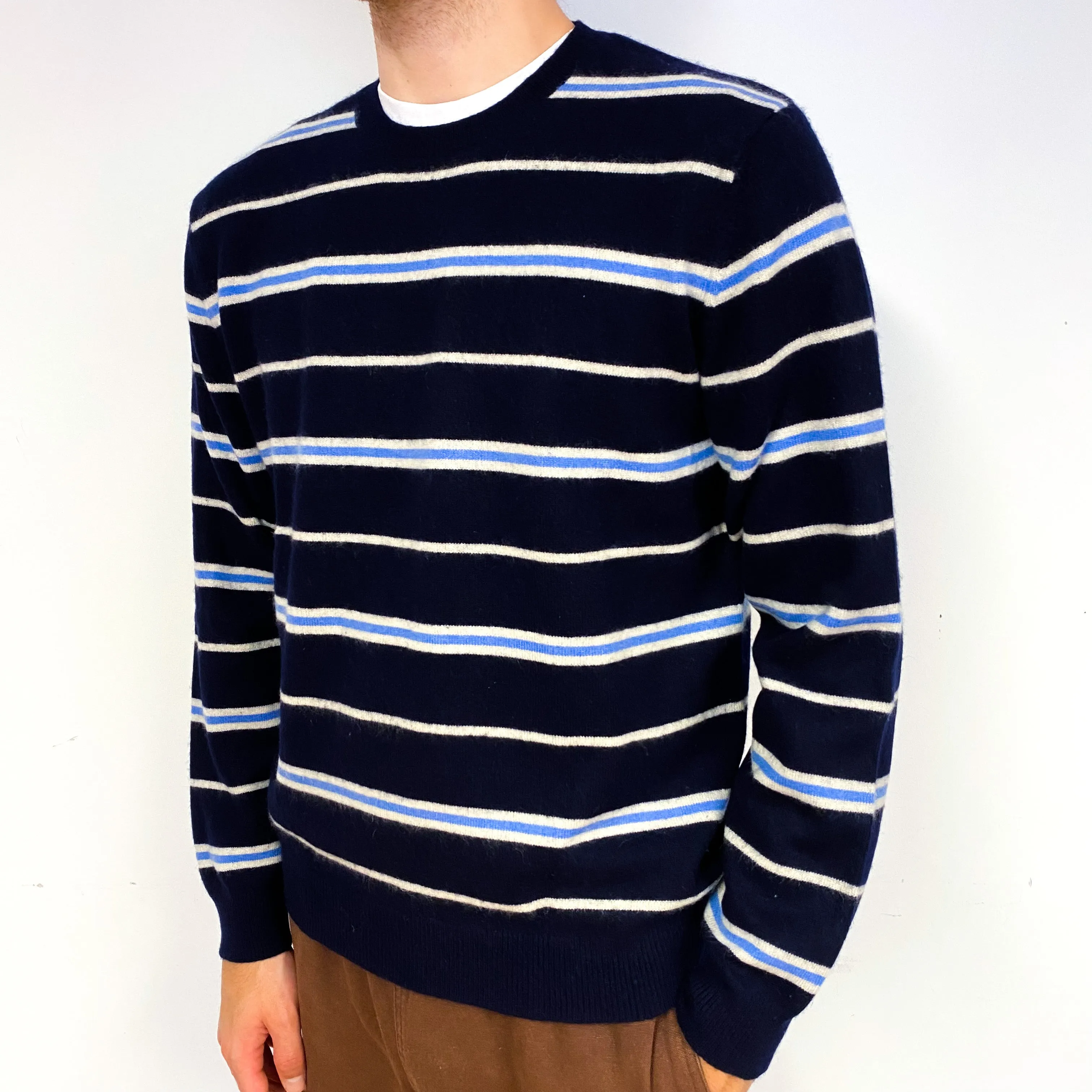Men's Navy Blue Stripe Cashmere Crew Neck Jumper Large