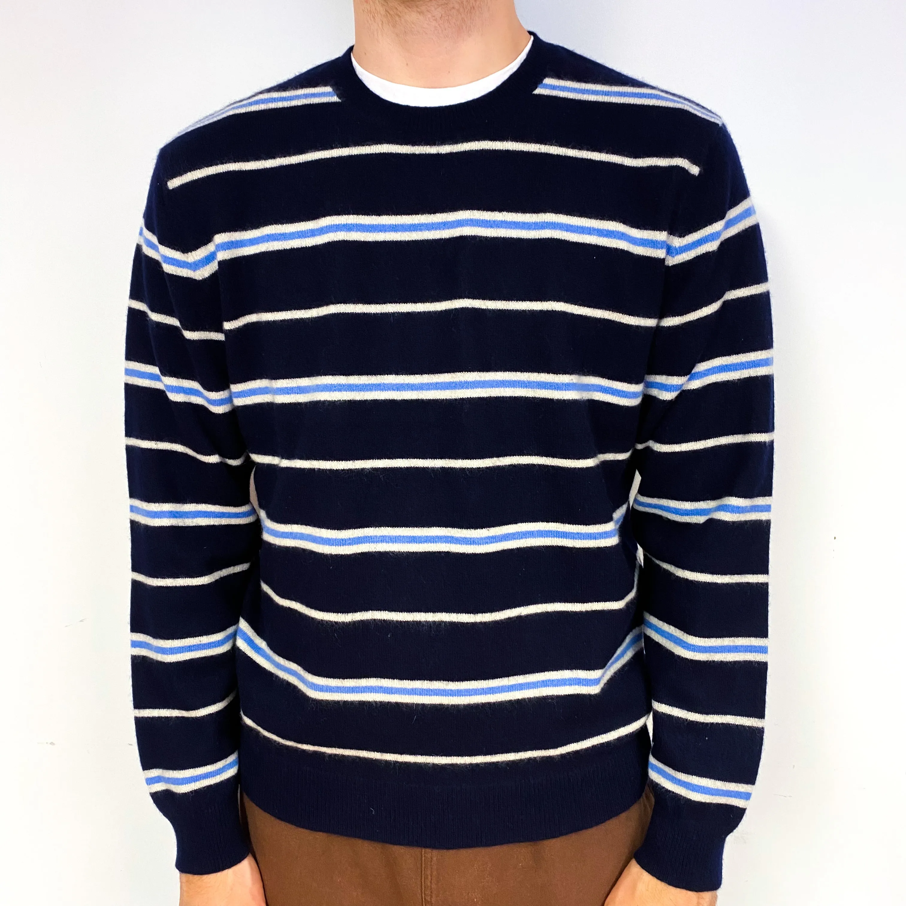 Men's Navy Blue Stripe Cashmere Crew Neck Jumper Large