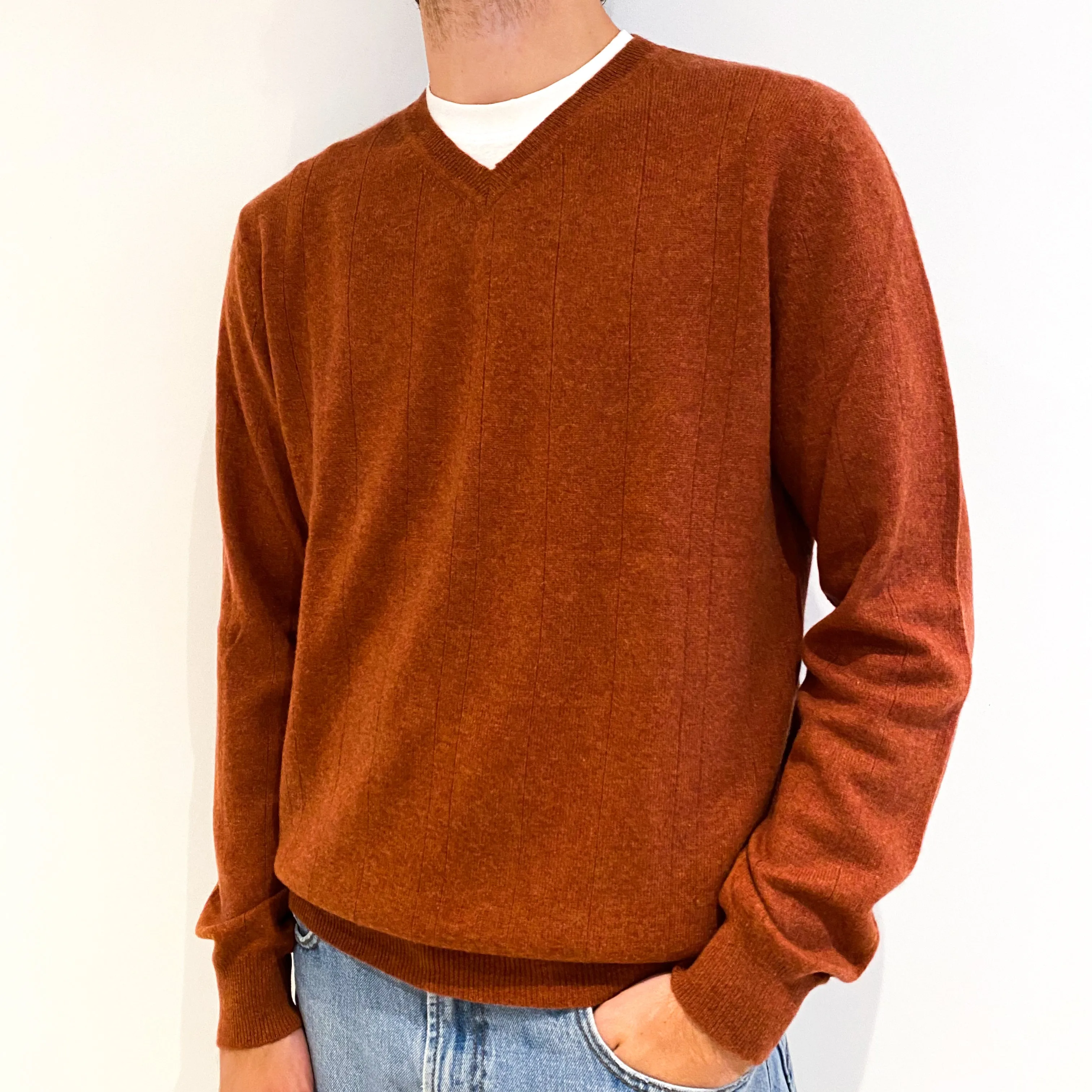 Men's Rusty Orange Stripe Cashmere V-Neck Jumper Large