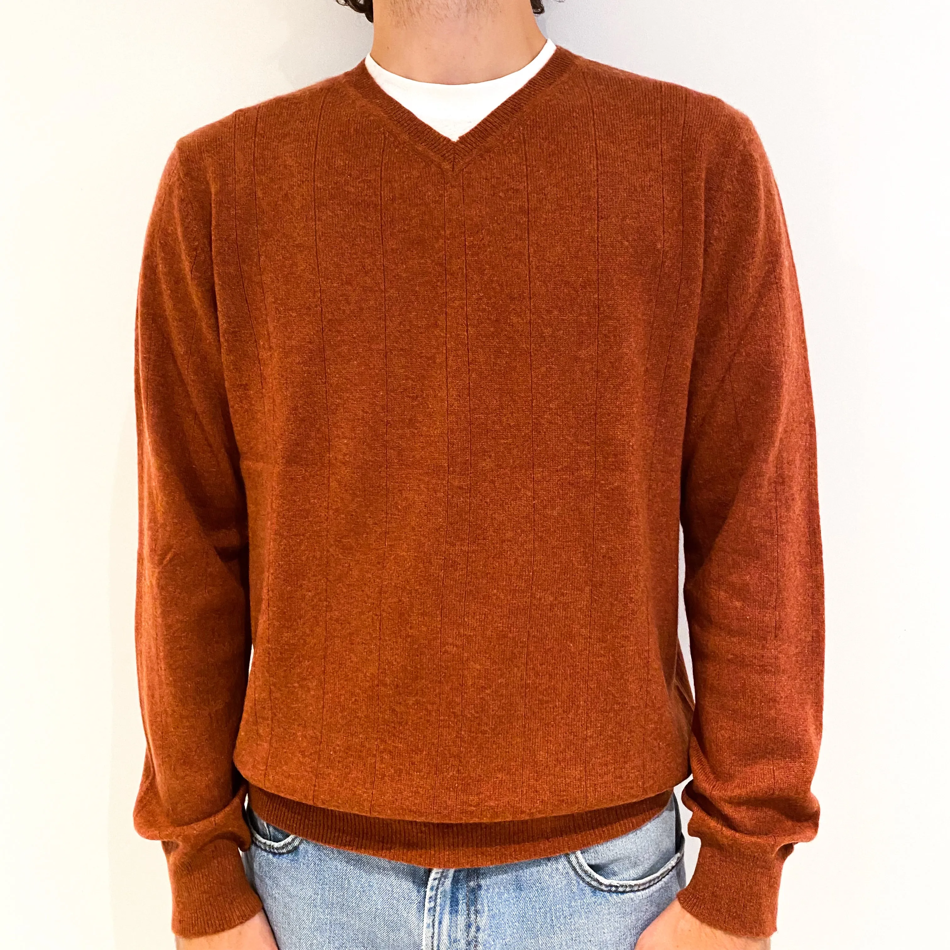 Men's Rusty Orange Stripe Cashmere V-Neck Jumper Large