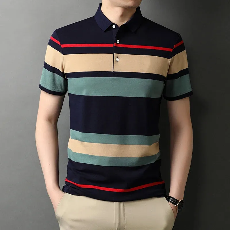 Men's Summer Polo Shirts-Short Sleeve Stripes Print Top