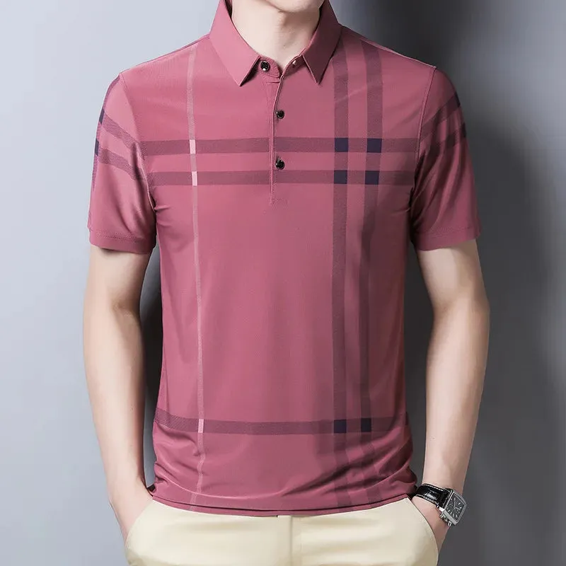 Men's Summer Polo Shirts-Short Sleeve Stripes Print Top