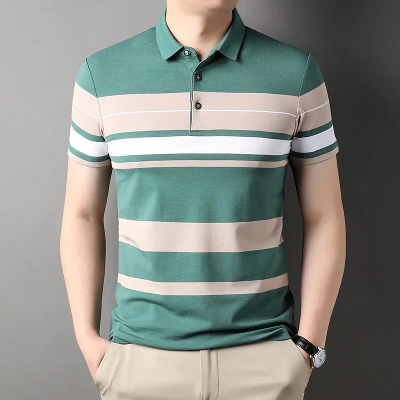 Men's Summer Polo Shirts-Short Sleeve Stripes Print Top