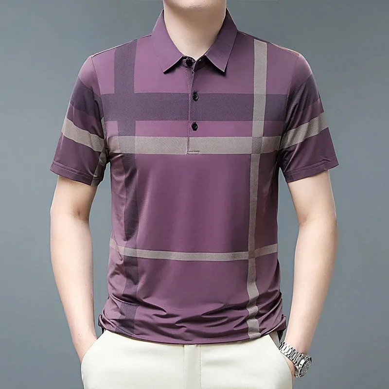 Men's Summer Polo Shirts-Short Sleeve Stripes Print Top