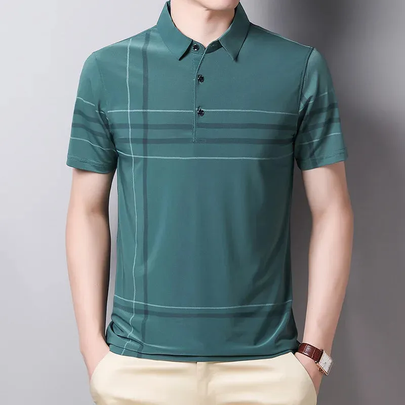 Men's Summer Polo Shirts-Short Sleeve Stripes Print Top