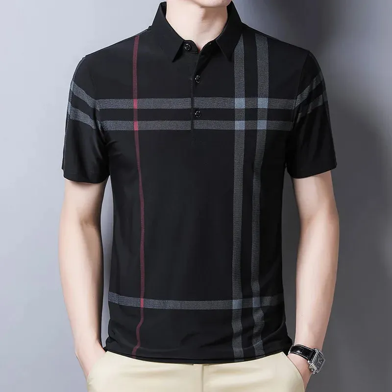 Men's Summer Polo Shirts-Short Sleeve Stripes Print Top