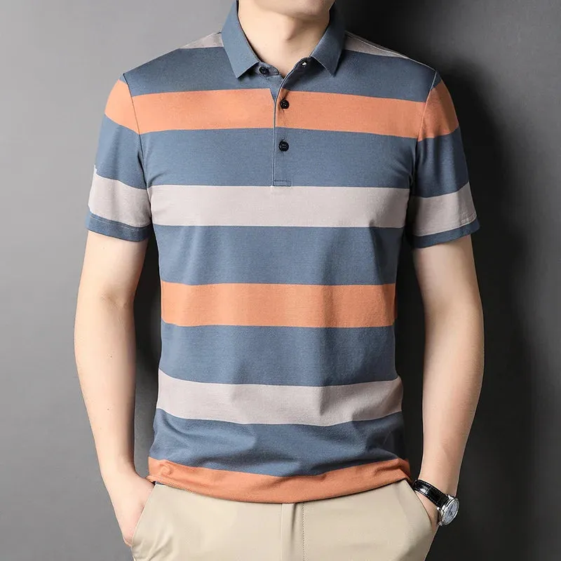 Men's Summer Polo Shirts-Short Sleeve Stripes Print Top