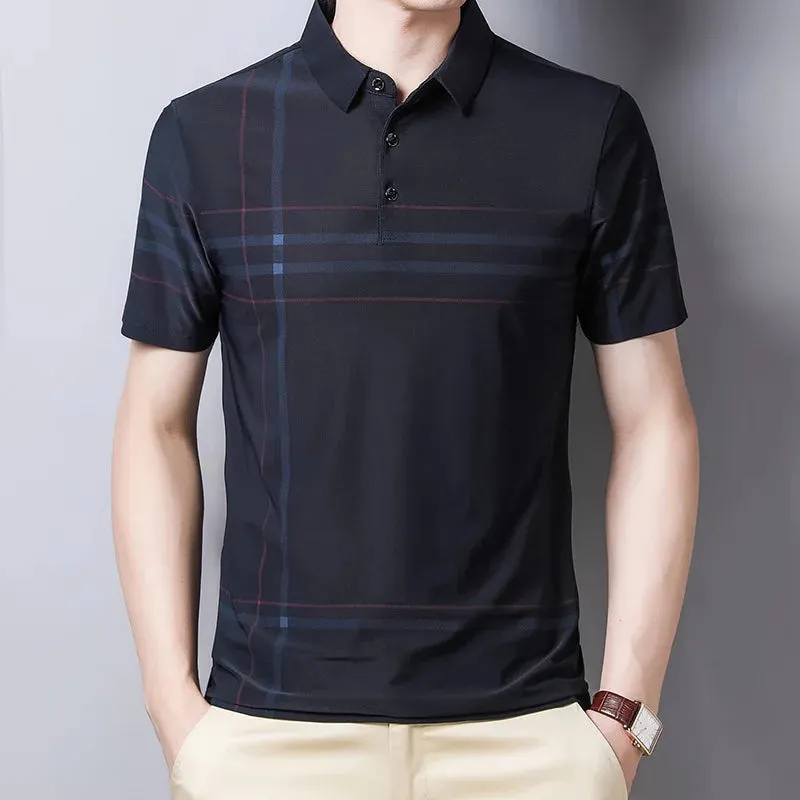 Men's Summer Polo Shirts-Short Sleeve Stripes Print Top