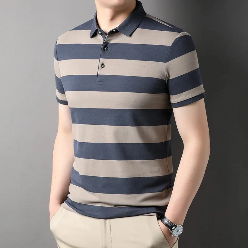 Men's Summer Polo Shirts-Short Sleeve Stripes Print Top