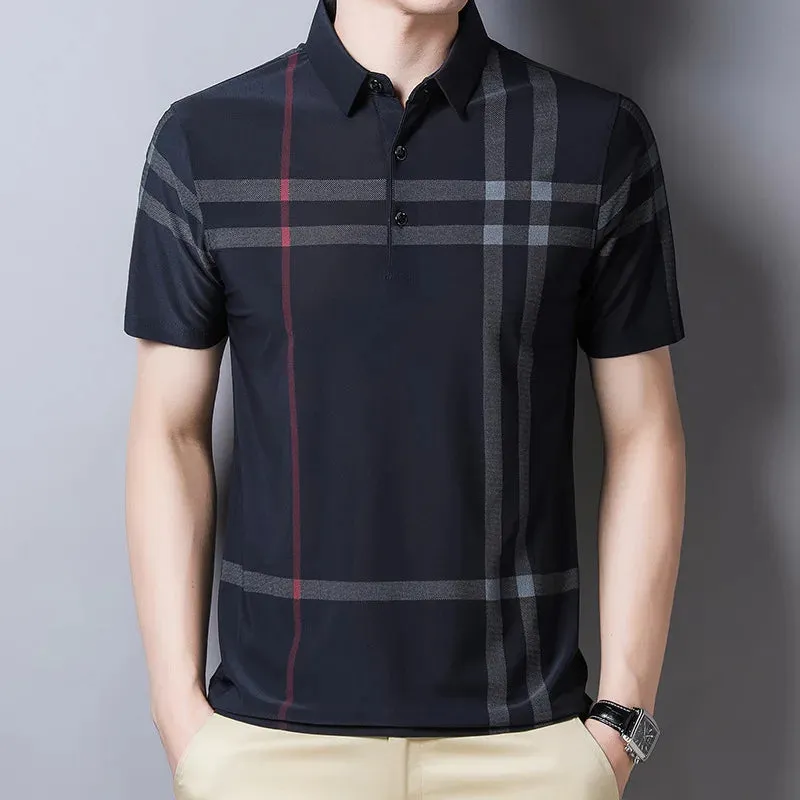 Men's Summer Polo Shirts-Short Sleeve Stripes Print Top